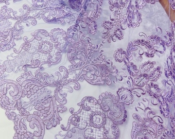 Lilac Corded Lace Fabric, Floral Embroidery Sequins, Wedding Bridal Gown