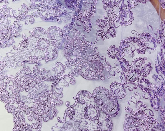 Lilac Corded Lace Fabric, Floral Embroidery Sequins, Wedding Bridal Gown