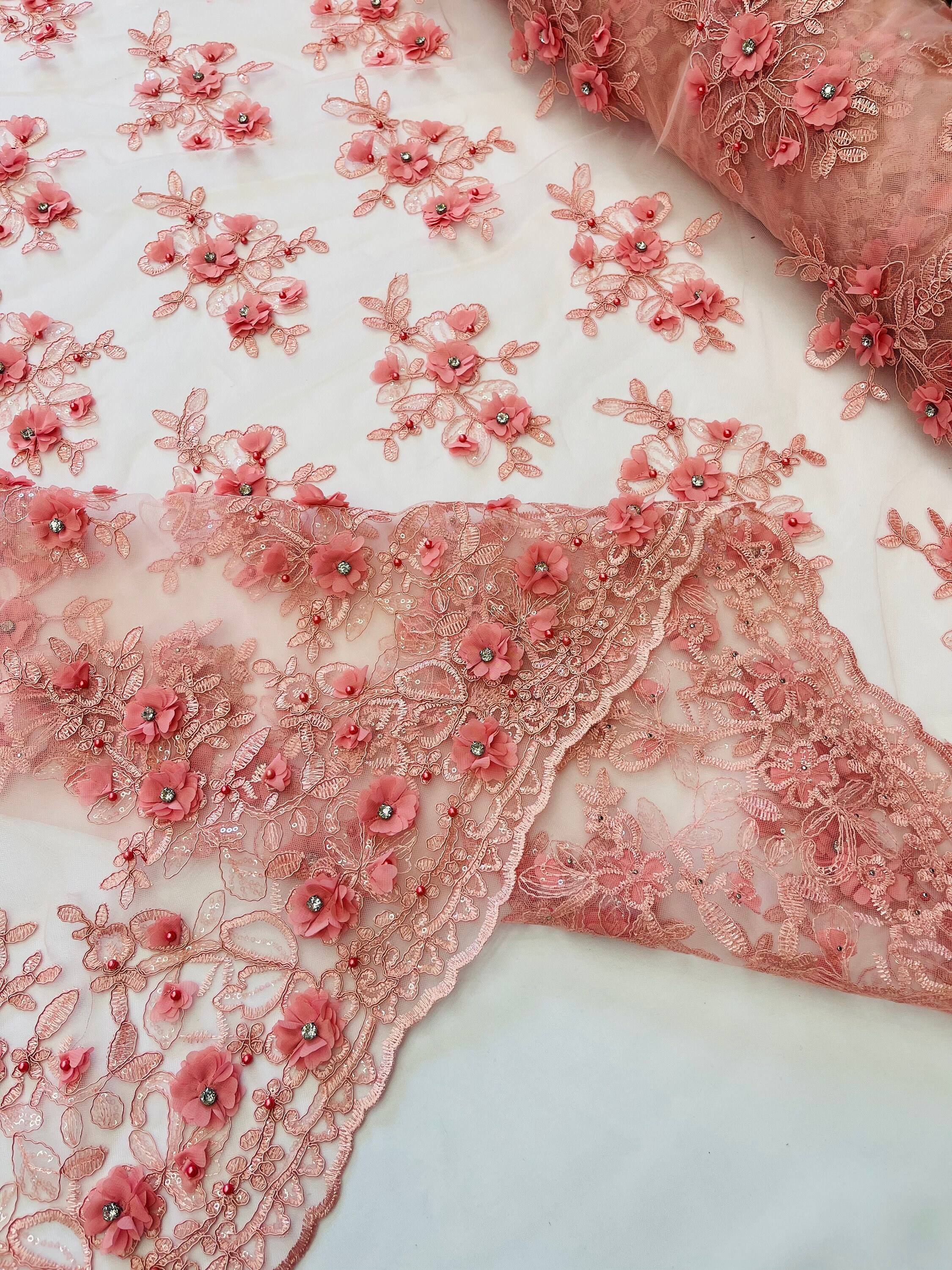 Dusty Rose Rhinestone Dusty Rose 3D Floral Embroidery Lace With Rhinestones - by the Yard - Etsy