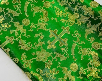 Emerald Green Gold Cross Brocade Fabric: Liturgical Jacquard Vestment, 58/60" Wide