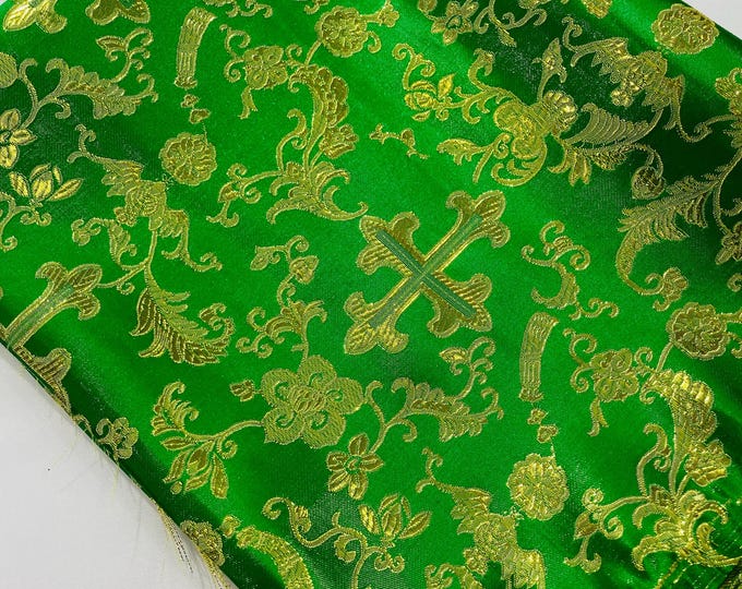 Emerald Green Gold Cross Brocade Fabric: Liturgical Jacquard Vestment, 58/60" Wide