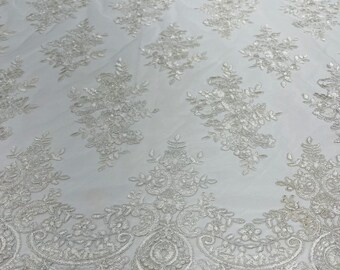 White Floral Lace Fabric - by yard - Embroidery With Sequins on a Mesh Corded Lace Fabric, For Gown - Wedding - Bridal