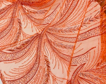 Orange Beaded Fabric By The Yard: JM Fashion Damask Sequin Appliqué, Bridal Wedding Prom