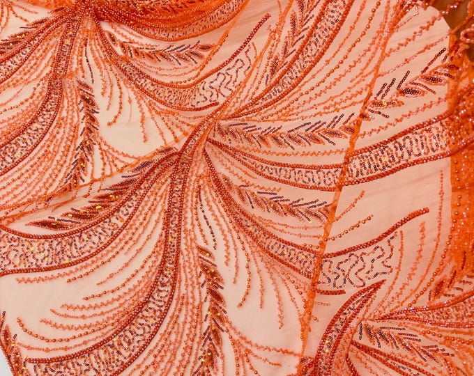 Orange Beaded Fabric By The Yard: JM Fashion Damask Sequin Appliqué, Bridal Wedding Prom