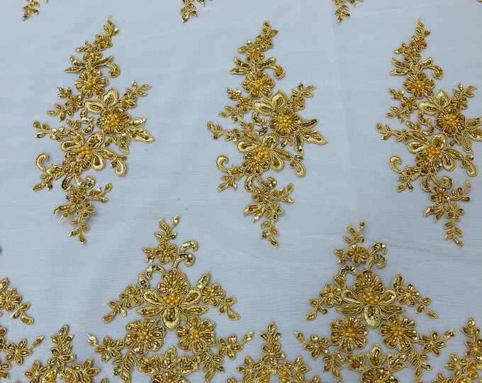 Gold Beaded Sequins Fabric, Embroidery With Beaded Sequin on a Mesh, Floral Bridal Lace Fabric by the yard (Pick a size )
