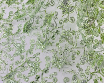 Sage Green Butterfly Embroidered Lace Fabric with Metallic Thread & Sequins by yard