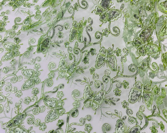 Sage Green Butterfly Embroidered Lace Fabric with Metallic Thread & Sequins by yard