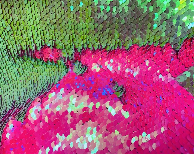 Neon Pink/Iridescent Green Flip Up Sequins Reversible, 2-Way Stretch 58/60” Sequin Fabric Dresses-Nightgowns-Prom Gown (Choose The Quantity)