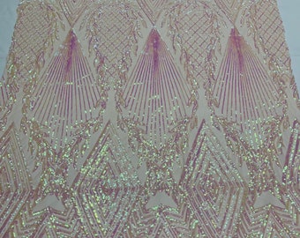 Iridescent Pink Sequin Fabric: Geometric Diamond Blush Mesh, 4-Way Stretch