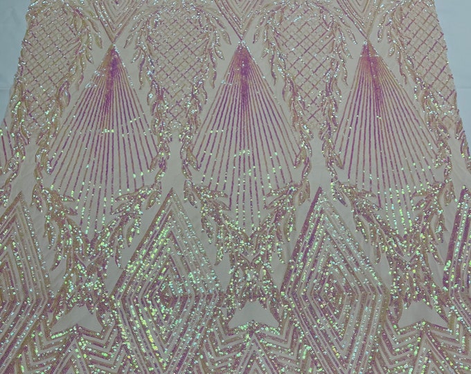 Iridescent Pink Sequins on Blush Mesh - 4 Way Stretch Geometric Diamond Design on Mesh Fabric for Prom Gala Gown By The Yard