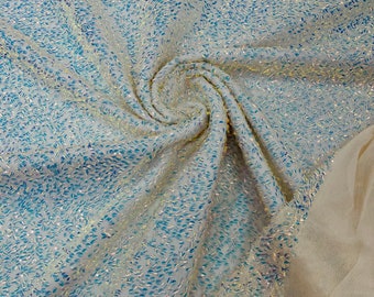 Iridescent Sequin Fabric: Clear Sequins on Ivory Power Mesh, 4-Way Stretch