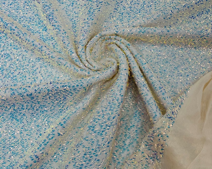Mia Clear Iridescent Sequin Fabric on Ivory Power Mesh, 4 Way Stretch Sequins Fabric By The Yard (Choose The Size)