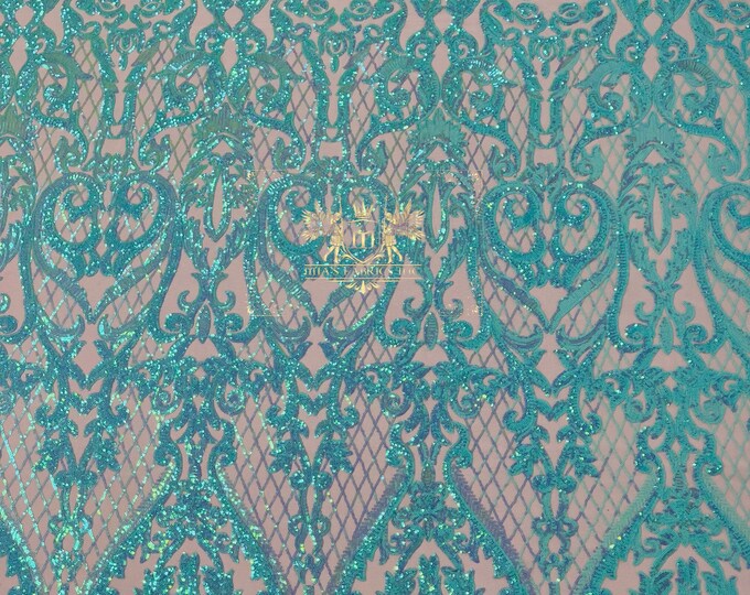 Mint Iridescent Sequins Fabric - 4 Way Stretch Sequins Heart Pattern Damask with Fish Net Details on Mesh Sold By Yard