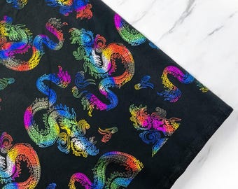 Black Dragon Print Spandex Fabric: Rainbow Foil, 4-Way Stretch (60" Wide)