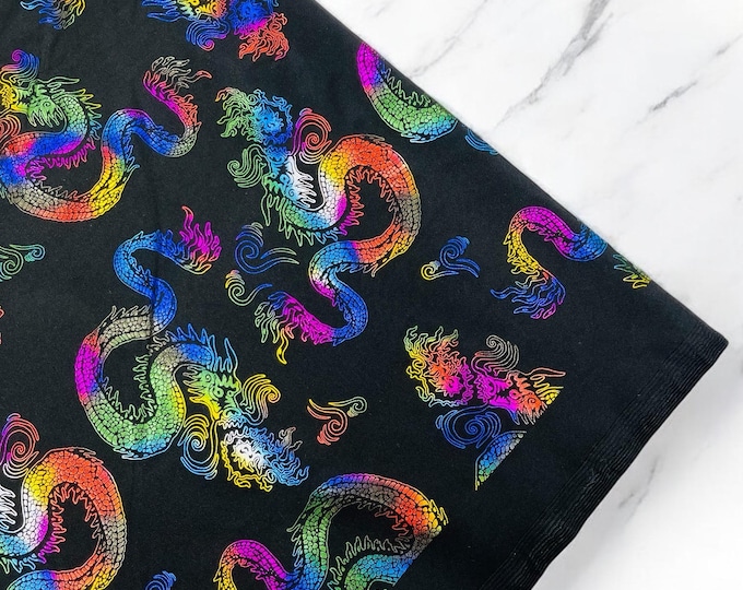Black Multi Color Dragon Printed Spandex Fabric By The Yard | Dragon Design Nylon Spandex Fabric 4 Way Stretch 60”