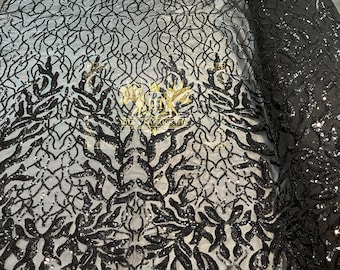 Black Sequin Fabric: Damask Embroidered Mesh, 4-Way Stretch - Prom/Gown