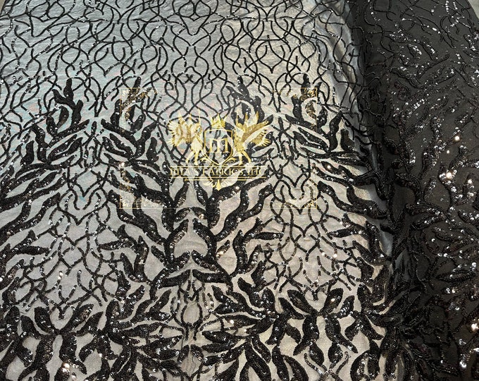 Black Sequins Fabric, DAMASK Design Embroidered On a Mesh 4 way Stretch Sequin, Lace Fabric, Prom-Gown By The Yard ( Choose The Size )