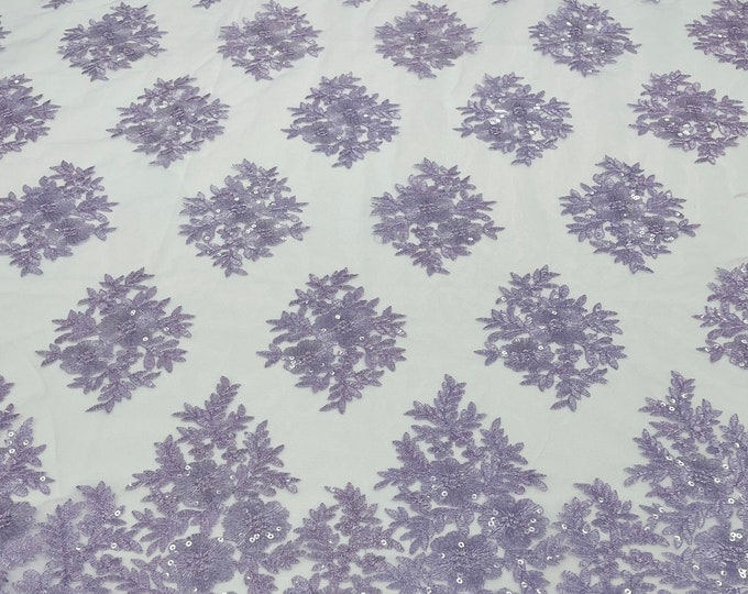 Lilac Lace Fabric - by yard - Corded Flower Embroidery With Sequins on a Mesh Lace Fabric For Wedding-Bridal-Dress