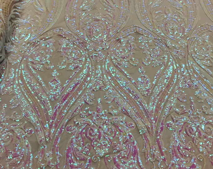 Iridescent Pink Sequins - 4 Way Stretch Fancy Big Damask Design Sequins on Spandex Mesh Prom Gala Gown Fabric By The Yard