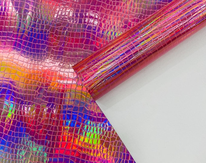 Pink Crocodile Holographic Embossed PVC Vinyl Fabric, Metallic Crocodile Vinyl Fabric By The Yard DIY Upholstery Accessories Applications