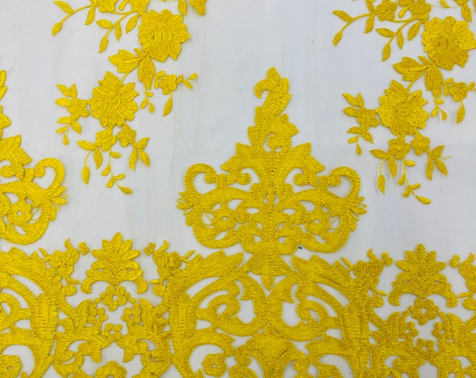 YELLOW Damask Design Embroidered on Mesh Lace Fabric, Floral Bridal Lace Wedding Dress by the Yard (Pick a Size)