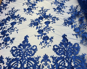 Royal Blue Damask Embroidered Floral Lace Fabric, Scalloped Edge