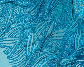 Hologram Turquoise Sequins Fabric - 4 Way Stretch Damask Design Sequins on Spandex Mesh Prom Gala Gown By The Yard