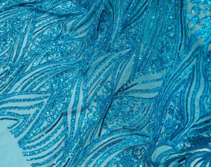 Hologram Turquoise Sequins Fabric - 4 Way Stretch Damask Design Sequins on Spandex Mesh Prom Gala Gown By The Yard