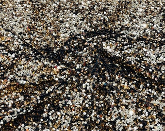 Gold Sequin Black Velvet Fabric: 5mm Sequins, 2-Way Stretch - By The Yard