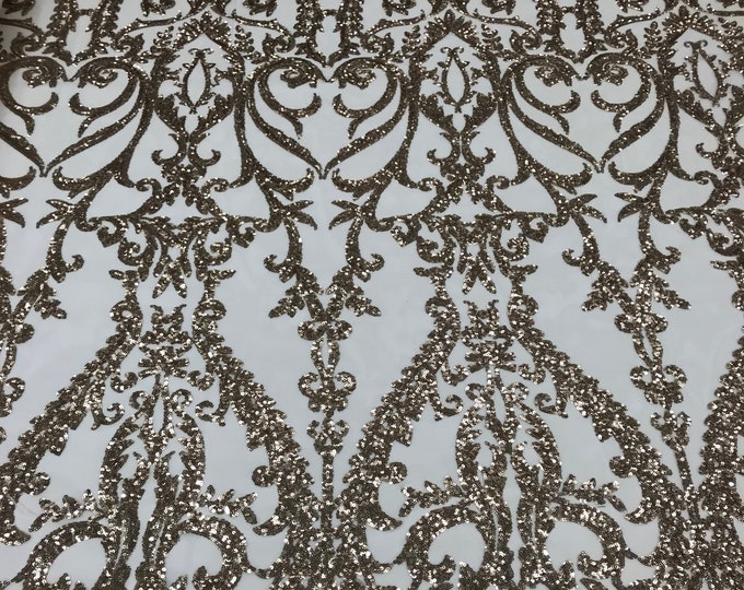 Sequins Gold Lace Fabric, DAMASK Design Embroidered on a Mesh 4 way Stretch Sequin By The Yard -Prom-Gown ( Choose The Size )