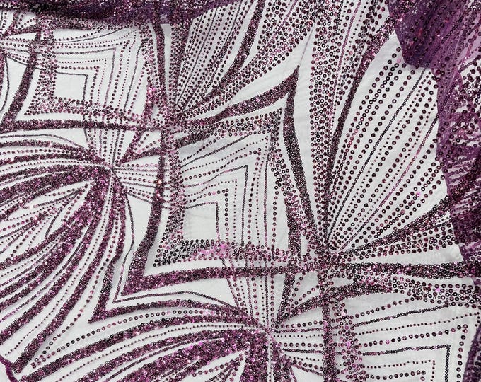 Plum Beaded Lace Fabric: Embroidered Mesh, Bridal Wedding Dress - Sold By The Yard