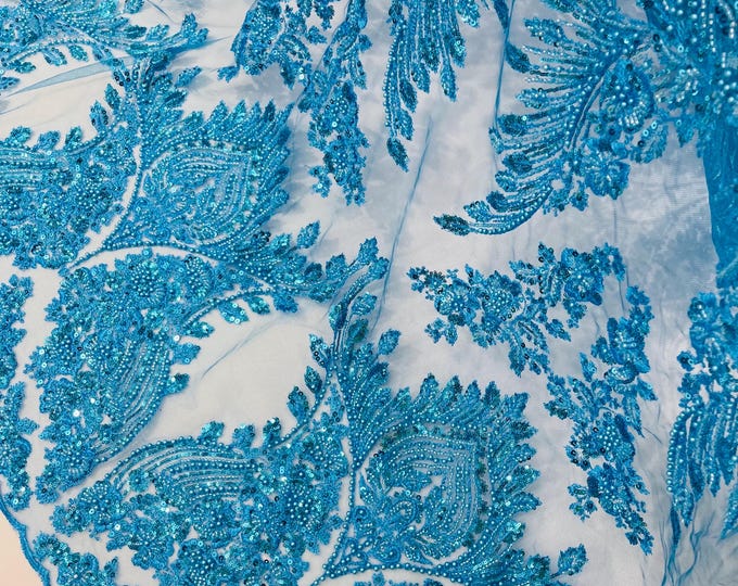 Turquoise Beaded Fabric by the yard, Fashion Pattern With Beads and Sequin, bridals-weddings-prom