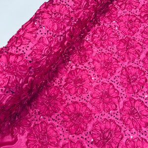 Alicia Fuchsia 3D Floral Polyester Satin Rosette With Sequins Fabric By The Yard, 3D Rosette Satin Fabric Wedding Decor.