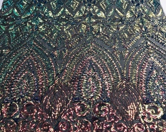 Iridescent Rainbow Sequins Fabric: Black Geometric Mesh, 4-Way Stretch