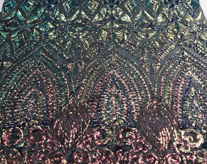 Rainbow Iridescent/Black Mesh - 4 Way Stretch Geometric Sequins Bella Design on Mesh Fabric for Prom Gala Gown Sold By The Yard