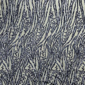 Navy Blue Sequin Fabric 4 Way Stretch Fashion Design Sequins on Spandex Mesh Prom Gala Gown Fabric By The Yard