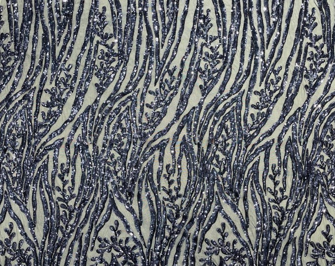 Navy Blue Sequin Fabric 4 Way Stretch Fashion Design Sequins on Spandex Mesh Prom Gala Gown Fabric By The Yard