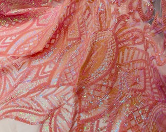 Coral Pink Iridescent Sequins Fabric by the yard - Royalty Design on a Mesh 4way Stretch Sequin-Prom-Gown