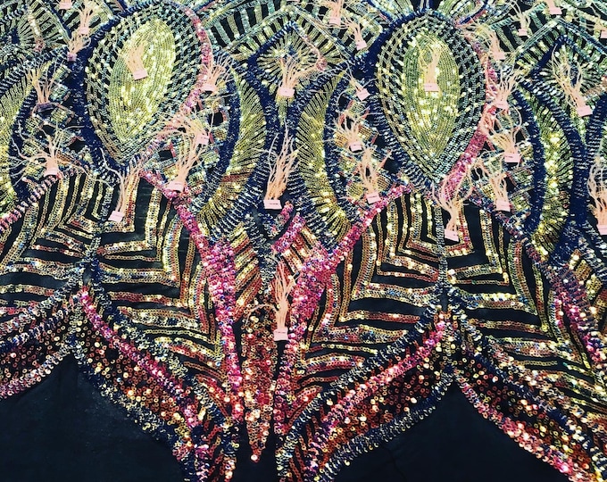 Luxury Feather Sequins - Iridescent Rainbow - 4 Way Stretch Glamorous Fringe Feather Sequins Fabric Spandex Mesh-Prom-Gown By The Yard