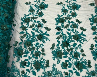 Teal Green 3D Floral Embroidered Lace with Pearls, Apparel Fabric By The Yard