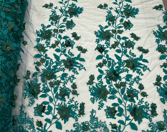 Teal Green Two Tone 3D Floral Design Embroider and Beaded With Pearls On a Mesh Lace-Prom-Dresses-Nightgown-Apparel-Fashion By The Yard