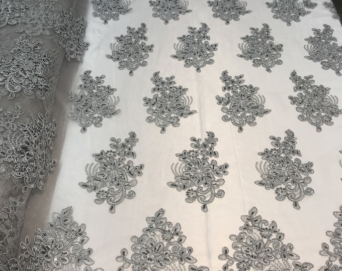 Flower Lace Fabric - Silver Floral Clusters Embroidered Lace Mesh Fabric Sold By The Yard