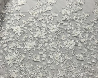 White 3D Floral Design Embroider and Beaded With Pearls On a Mesh Lace-Prom-Dresses-Nightgown-Apparel-Fashion By The Yard