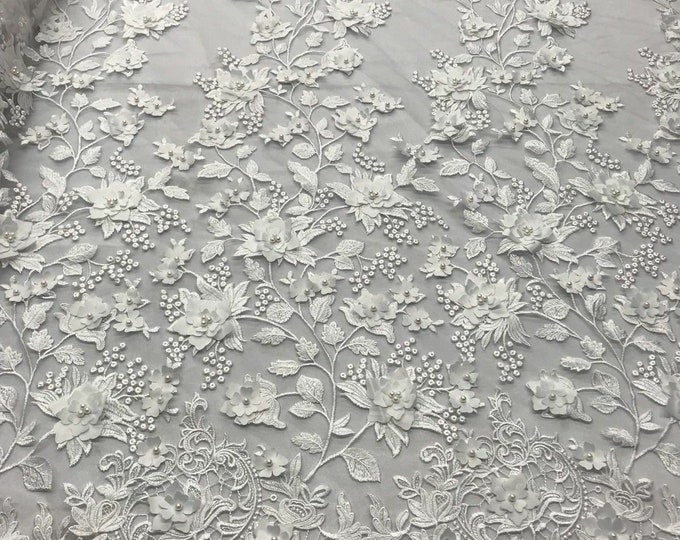 White 3D Floral Design Embroider and Beaded With Pearls On a Mesh Lace-Prom-Dresses-Nightgown-Apparel-Fashion By The Yard