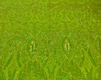 Neon Green Sequin Fabric, Embroidered Royalty Design Mesh, 4-Way Stretch, Prom Gown