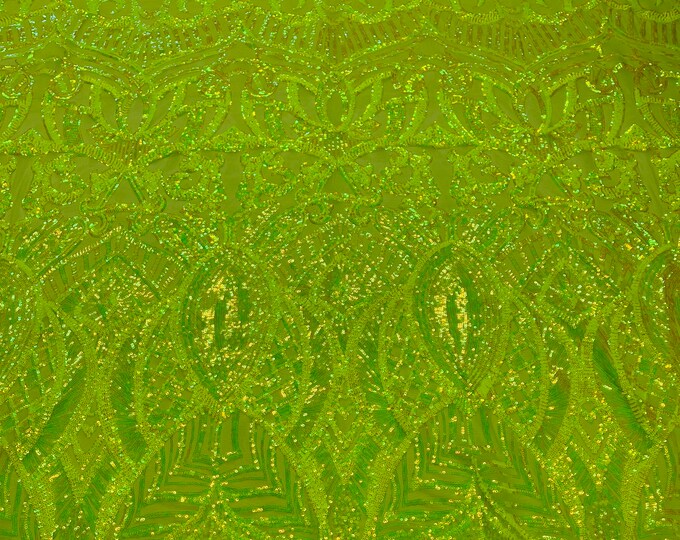 Neon Green Sequins Fabric On a Mesh, Royalty Design Embroidered Mesh 4 way Stretch Sequin By The Yard -Prom-Gown ( Choose The Size )