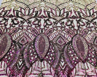Iridescent Purple Green Sequins on Nude Mesh, Royalty Embroidered Fabric