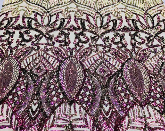 Iridescent Purple/Green Sequins on Nude Mesh, Royalty Design Embroidered on a Mesh 4way Stretch Sequin-Prom-Gown By The Yard