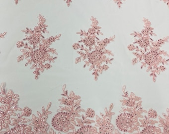 Pink Floral Embroidered Lace Fabric | Scalloped Edge Mesh, Wedding Dress