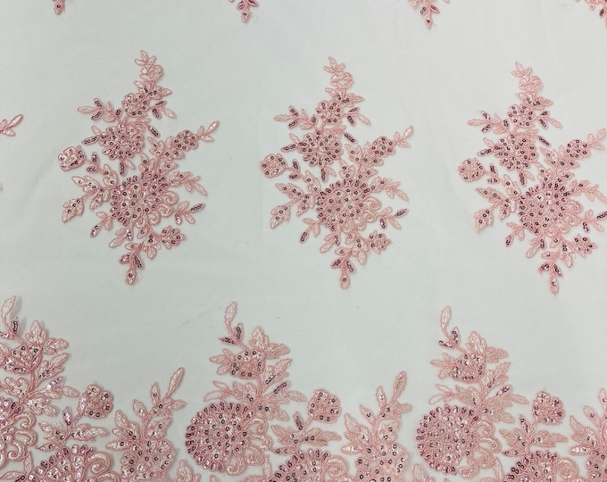 Pink Lace Fabric | Flower Design Embroidered on Mesh Lace Fabric, Floral Bridal Lace Wedding Dress by the Yard (Pick a Size)